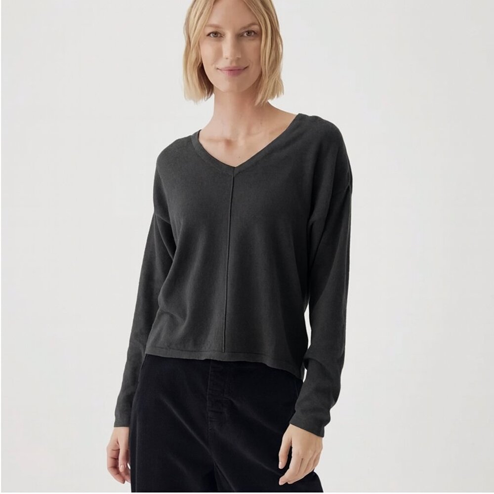 Pact V-neck Pullover Organic Cotton Knit Boxy Fit Charcoal Gray sz M Minimalist